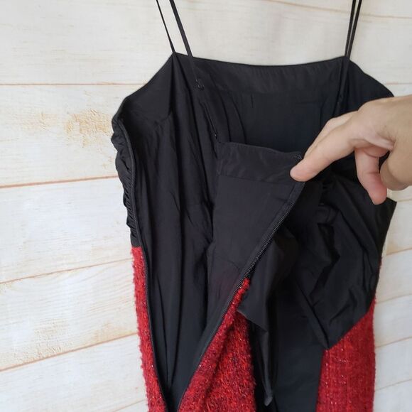 Maeve Bow Square Neck Tweed Strappy Mini Dress Red Black Women's Size Large - Picture 12 of 16